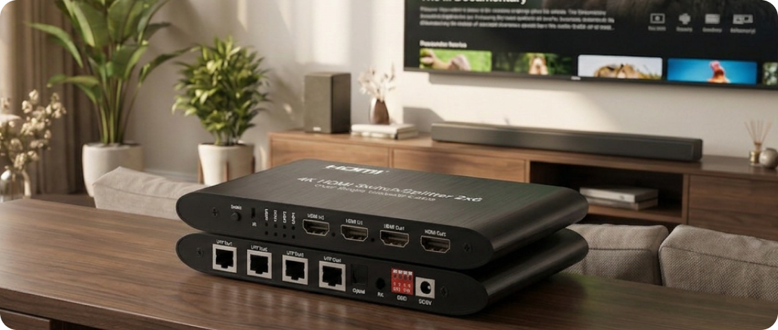 Schematic comparison of the operation of an HDMI switch and splitter in a professional audio-video installation