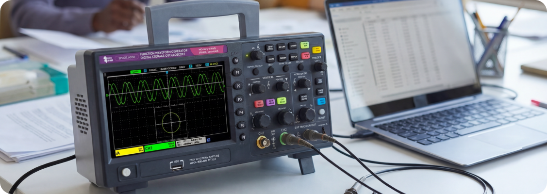 Digital oscilloscope during signal measurement waveform analysis and electronics diagnostics