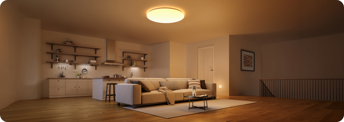 Visualization of Yeelight intelligent lighting in a modern living room, presenting the possibilities of personalizing light colors and intensity as well as integration with the Smart Home system.