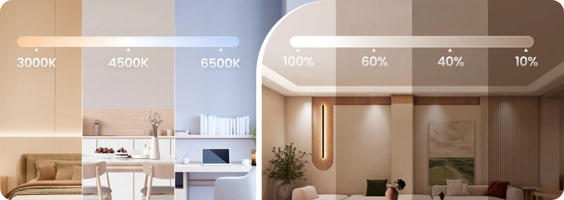 Yeelight app interface showing a control panel for precise lighting personalization, including sliders for adjusting brightness and color temperature and a palette of 16 million RGB colors to choose from, as well as options for creating and managing lighting scenes.