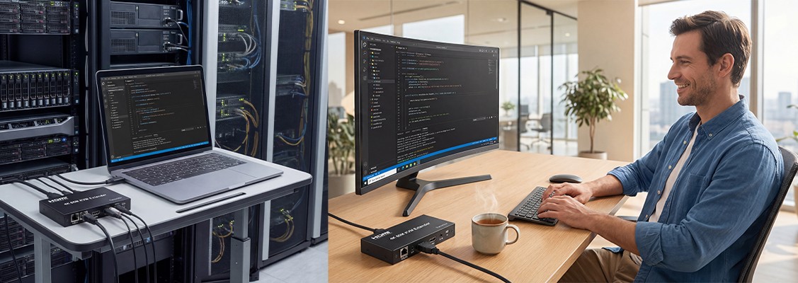 HDMI KVM extender – a device for extending HDMI, keyboard, and mouse signals, simplifying the management of multiple systems.