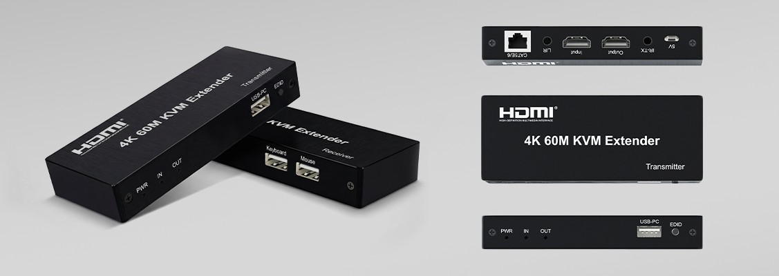 Operating diagram of an HDMI KVM extender using a single Cat6/7 network cable to transmit video, audio, and USB signals.