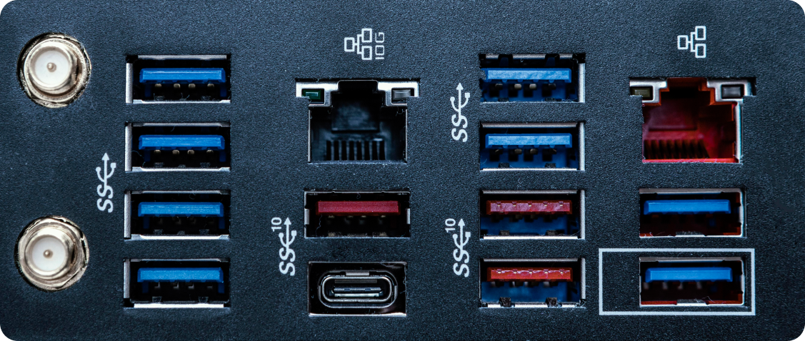 Red, yellow, and orange USB ports supporting Sleep and Charge technology