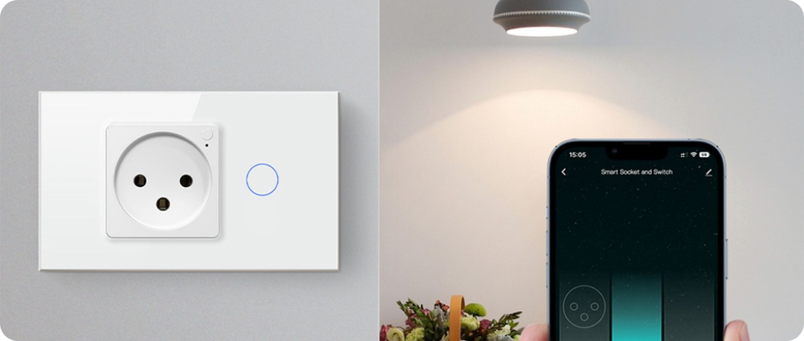 Tuya WiFi smart plug measuring power consumption and showing energy usage statistics in a mobile application on a smartphone.