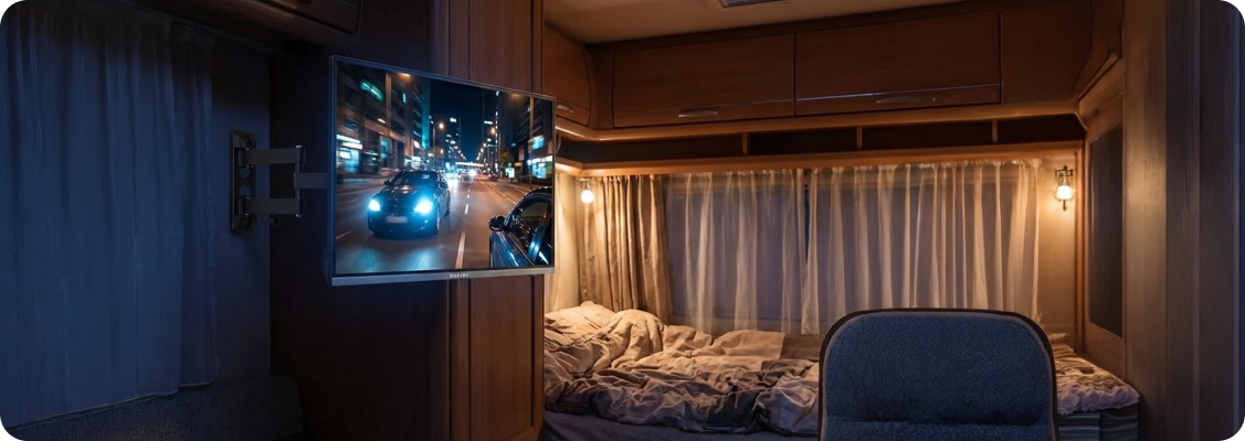 Family in a camper watching a 12V camping TV integrated with the IoTball system