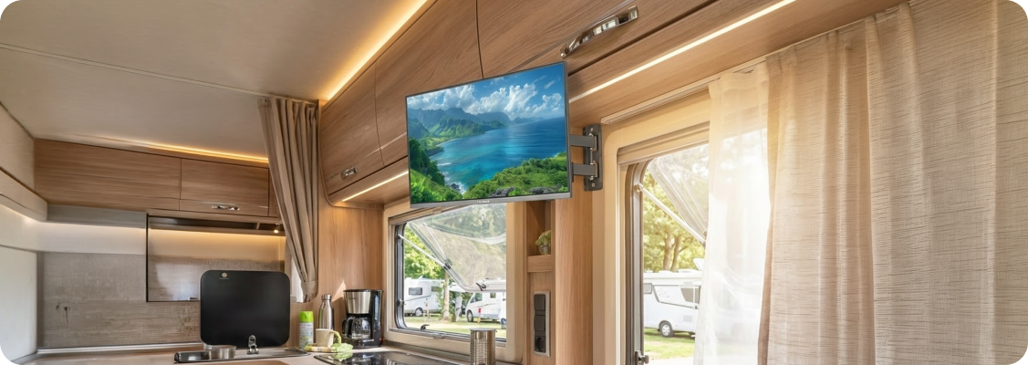 Family watching a 12V camping TV in a camper