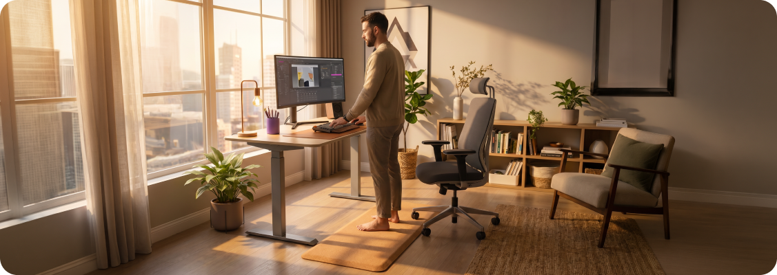 Woman working remotely at a Spacetronik ergonomic desk, doing light hand and neck stretching for spinal health.