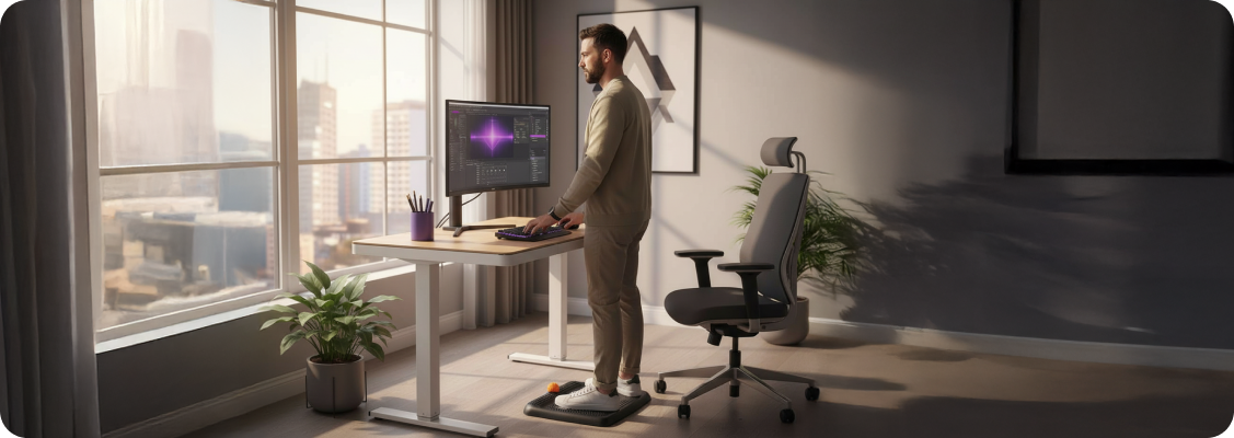 Woman working at a Spacetronik adjustable ergonomic desk and using a Walking Pad treadmill in a home office