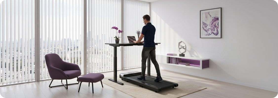 Woman doing simple exercises for back pain in the office at an adjustable desk, taking care of spinal health