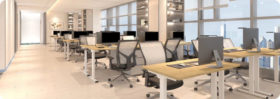 Functional and easy-to-clean laminated desktop in a modern adjustable desk