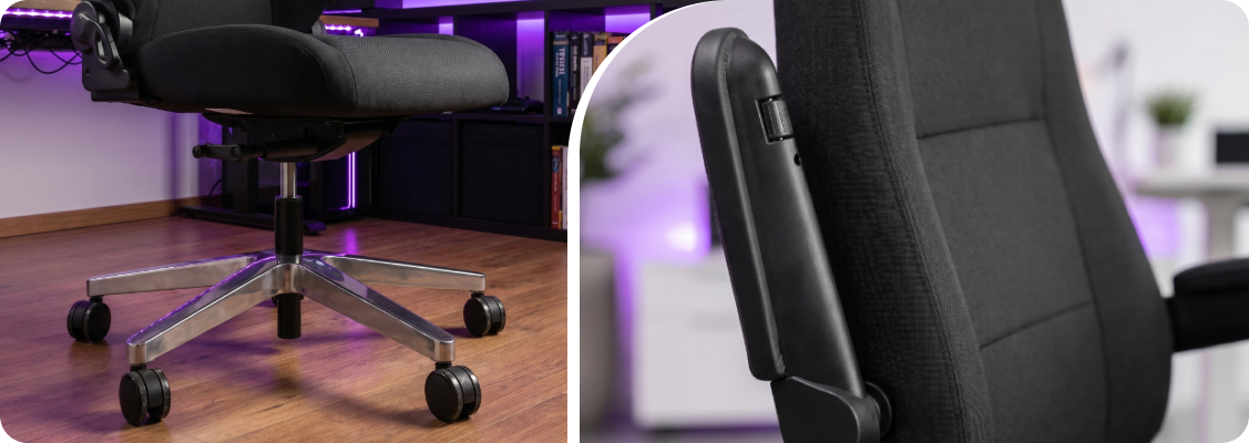 Premium 24/7 ergonomic office chair with aluminum construction and advanced seat depth adjustment in a modern programmer’s office.