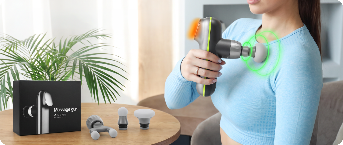 Discomfort and muscle pain in different parts of the body? With the Spacetronik SPE-M10 massage gun, it's not a problem. Vibration shocks of different frequencies effectively reduce muscle discomfort. Heating function. 4 attachments included