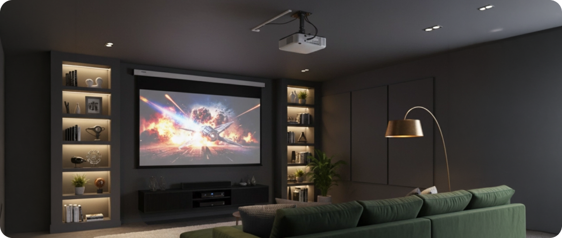 Comparison of light reflection on an ordinary wall and on a professional projection screen with a black border