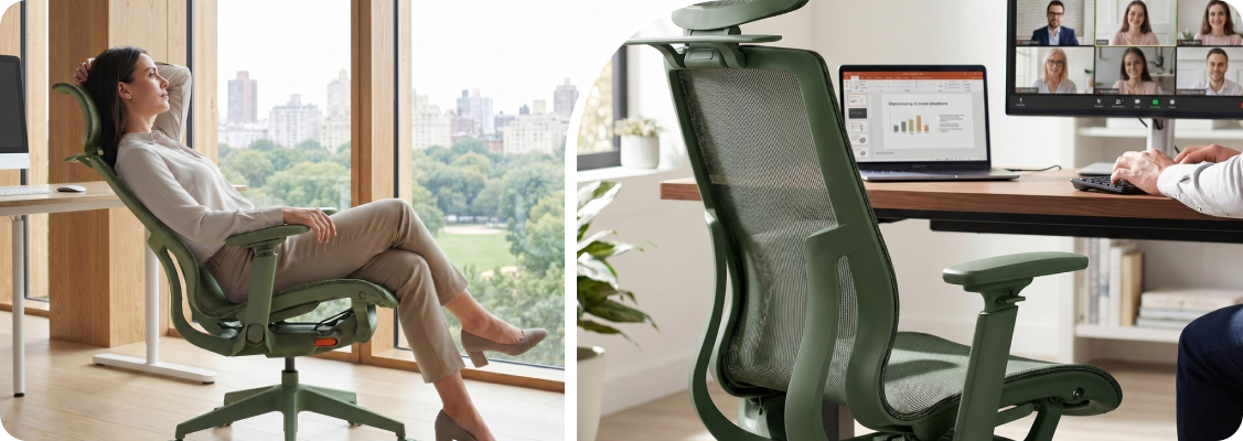 A woman working remotely in a modern Spacetronik office chair with a mesh backrest and seat, emphasizing comfort and breathability in a home office.