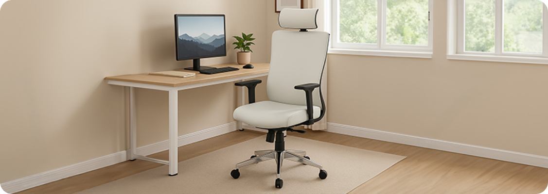 Ergonomic leather chair in a modern office, symbolizing the choice of the ideal material for comfort and style