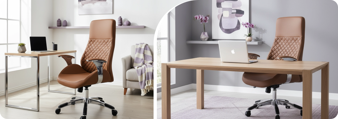 Modern office with an ergonomic leather chair, symbolizing comfort and productivity in the workplace.