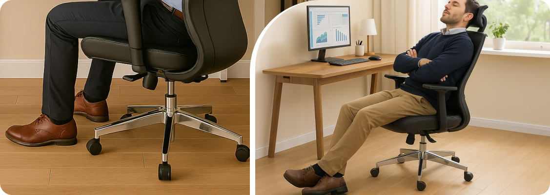 Young professional in an ergonomic leather chair with precise adjustments, taking care of health and comfort in the Spacetronik office