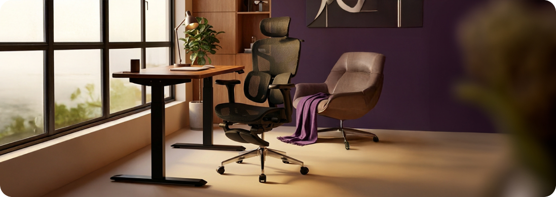 Modern minimalist office with a Spacetronik Ergo+ Springle ergonomic chair, electric desk, and monitors symbolizing comfort and efficiency of remote work