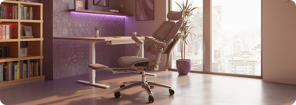 Modern minimalist office with a Spacetronik Ergo+ Springle ergonomic chair, electric desk, and monitors symbolizing comfort and efficiency of remote work