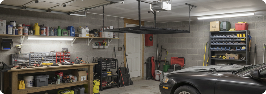 bike stands and storage systems in the garage mounted on the wall and ceiling