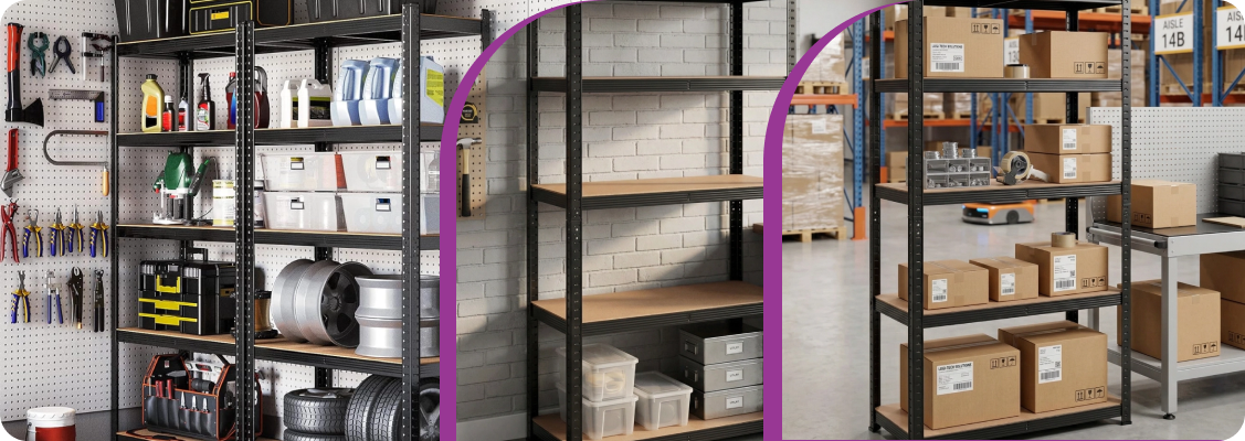 metal garage shelving units with containers and neatly arranged tools