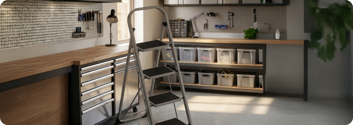 Perfectly organized garage with modern Spacetronik storage systems, reflecting engineering order and space maximization.