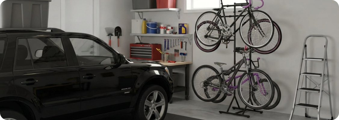 Photo showing an optimally organized garage with Spacetronik SPG-102 modular shelving units, highlighting order and effective use of vertical space for tool storage.