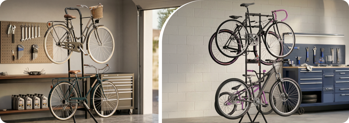 Organized garage with a Spacetronik freestanding bicycle rack, maximizing space