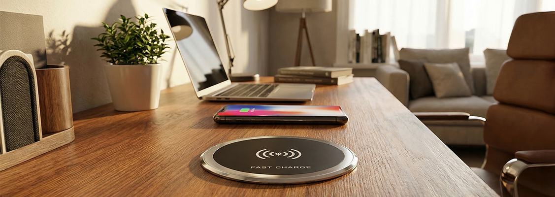 Okrągłe gniazdo wpuszczane w blat z indukcją, zamontowane w nowoczesnym biurku z regulacją wysokości.