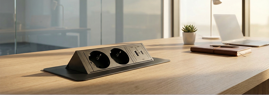 Eleganckie gniazdko wpuszczane w drewniany blat biurka, symbolizujące nowoczesny design i porządek w ergonomicznej przestrzeni pracy