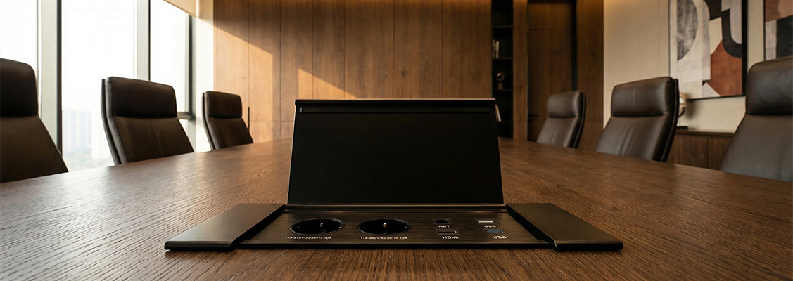 Eleganckie gniazdo otwierane wpuszczane w drewniany blat, idealnie licujące się z powierzchnią biurka w nowoczesnym biurze