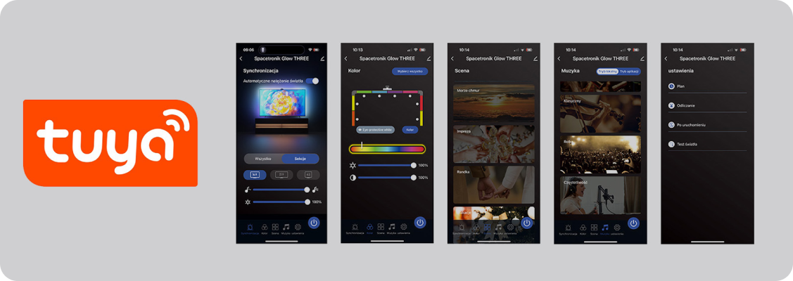 Calibrated Spacetronik TV backlighting system with an intelligent Tuya LED strip synchronizing colors with the screen without light reflections