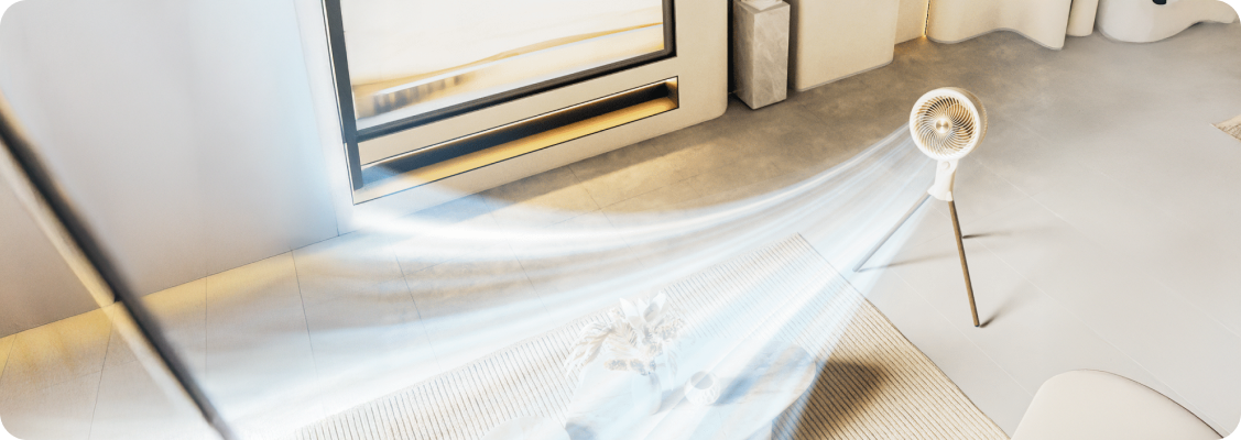 Modern Spacetronik Airpuff fan with ionization function, placed in an elegant home office, symbolizing clean air and quiet operation.