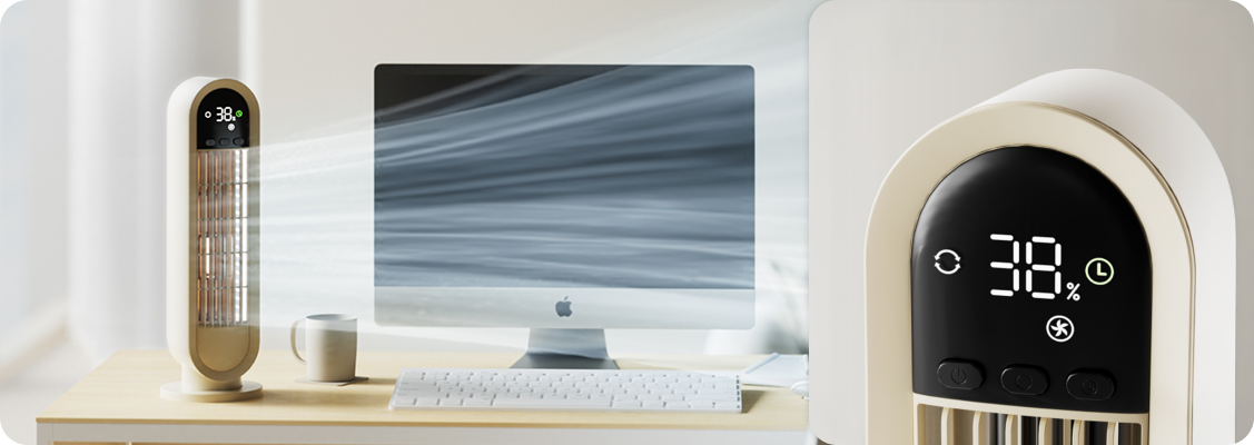 Modern Spacetronik Airpuff desk fan with ionization function, operating quietly in an elegant office interior, symbolizing comfort and fresh air.