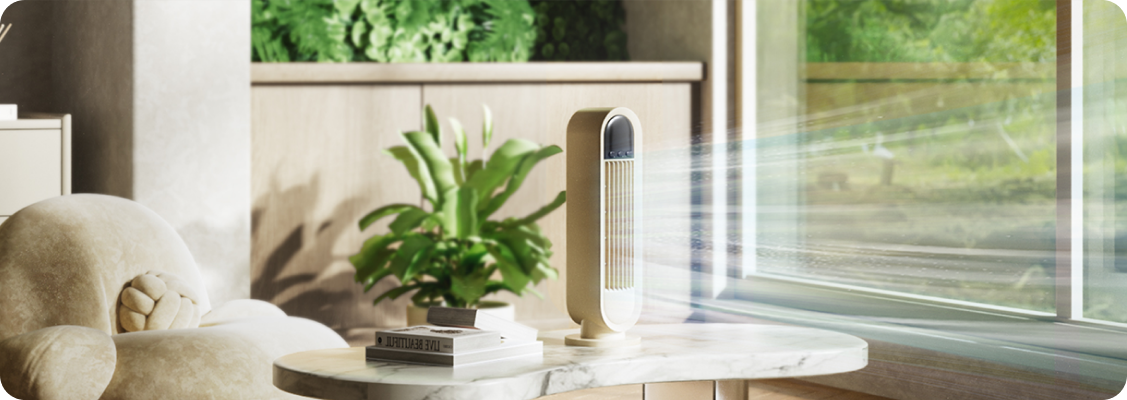 Elegant and modern Spacetronik Airpuff desk fan with ionization, ideal for home office, placed in a minimalist, ergonomic work environment.