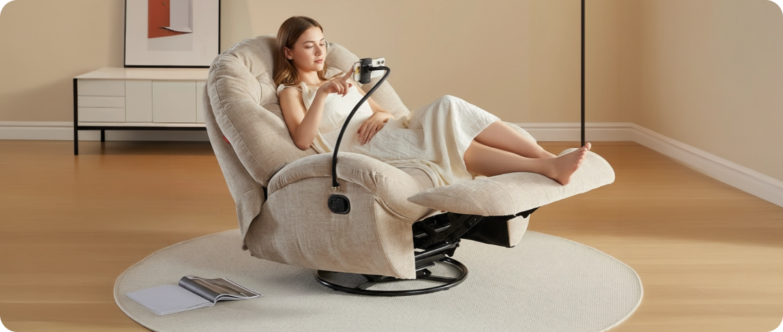 Elegant, bright home wellness-style living room with a modern electric reclining armchair and minimalist premium accessories.