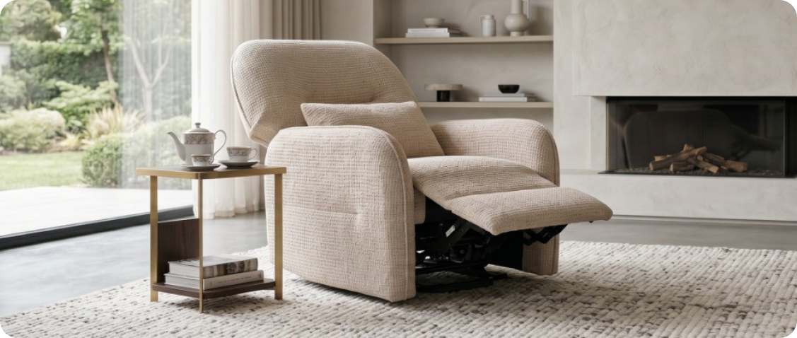 Modern Spacetronik swivel-rocking armchair with a USB port in dark green, integrated into a bright, minimalist home wellness-style living room.