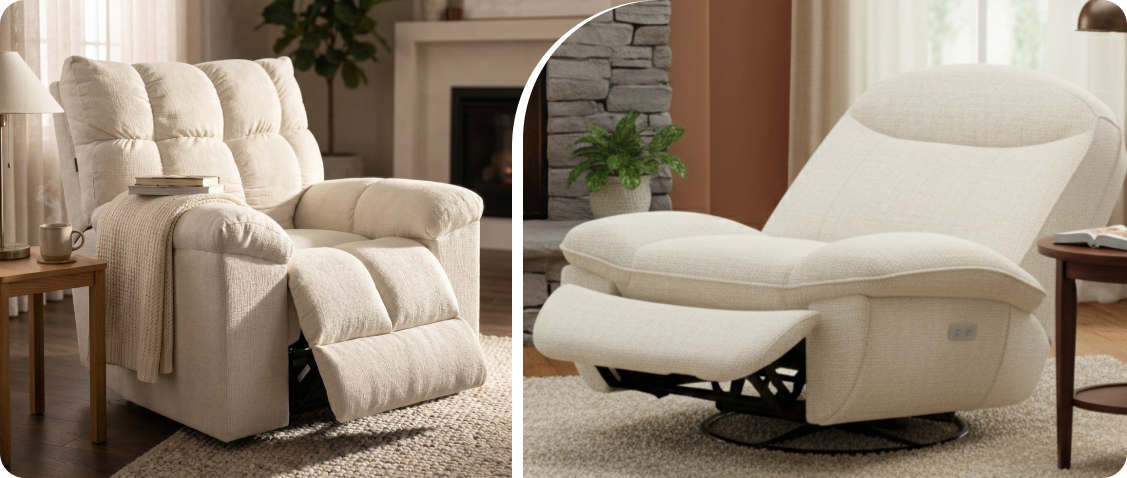 Modern beige lounge armchair with massage and electrically reclining relaxation armchair in a bright premium living room