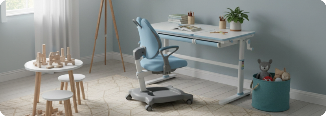 Ergonomic adjustable desk for a child Spacetronik with electric height adjustment in a modern student's room