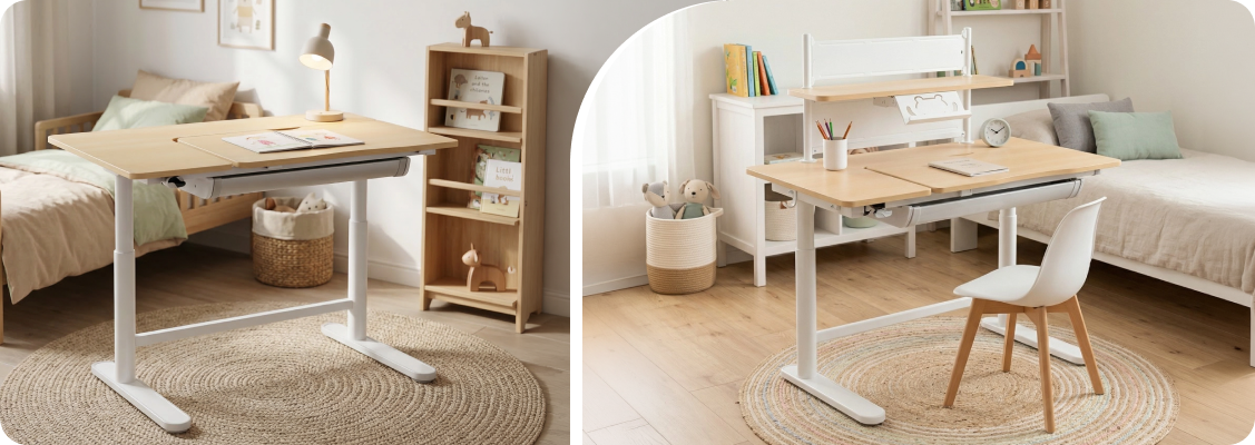 Ergonomic adjustable desk for a child with height adjustment and ergonomic chair in a modern student's room