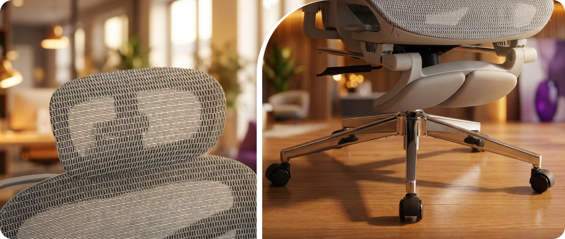 A man working at a desk, presenting a modern ergonomic chair with headrest adjustment and lumbar support.