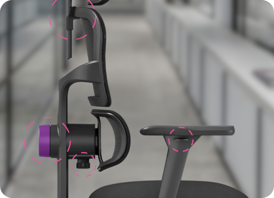 Office chair with lumbar adjustment and 4D armrests supporting the spine while working at home