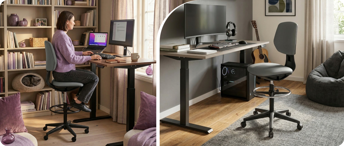 Gray velour swivel chair for children Spacetronik Letto next to a light desk in a youth room