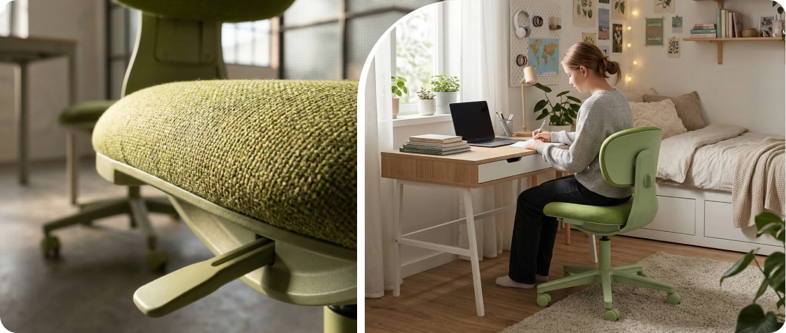 Gray swivel chair without armrests Spacetronik Setto slid under a desk in a teenager's room