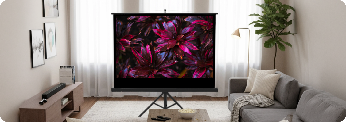 Portable Spacetronik projection screen with a tripod or pull-up type in a modern office during a business presentation.
