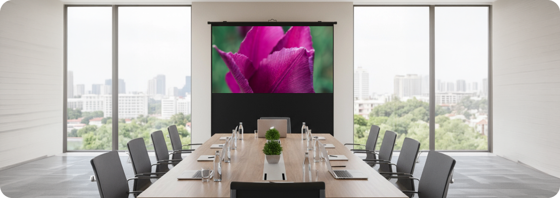 Modern conference room with an electric Spacetronik projection screen displaying a professional business presentation.