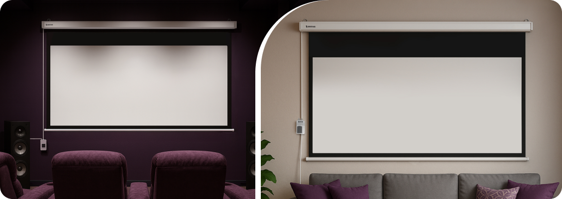 Professional conference room with a high-quality Spacetronik projection screen, ready for a business presentation