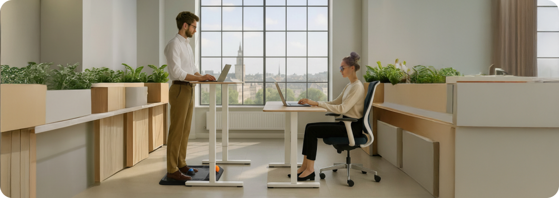 Biurko elektryczne z regulacją wysokości jako element codziennej ergonomii Kaizen i zdrowego stanowiska pracy w home office.