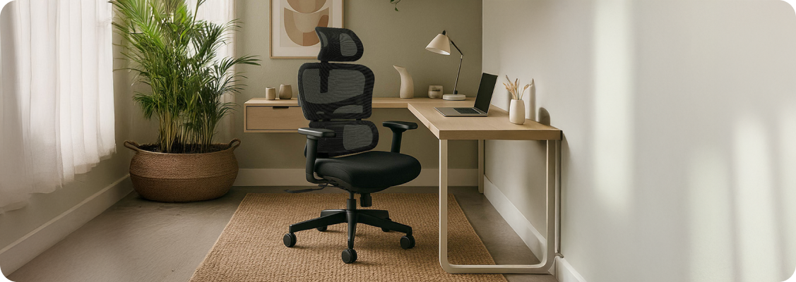 Ergonomiczne biuro domowe zgodne z filozofią Kaizen z regulowanym biurkiem, ergonomicznym fotelem i estetycznym stanowiskiem pracy wspierającym zdrowie oraz produktywność.