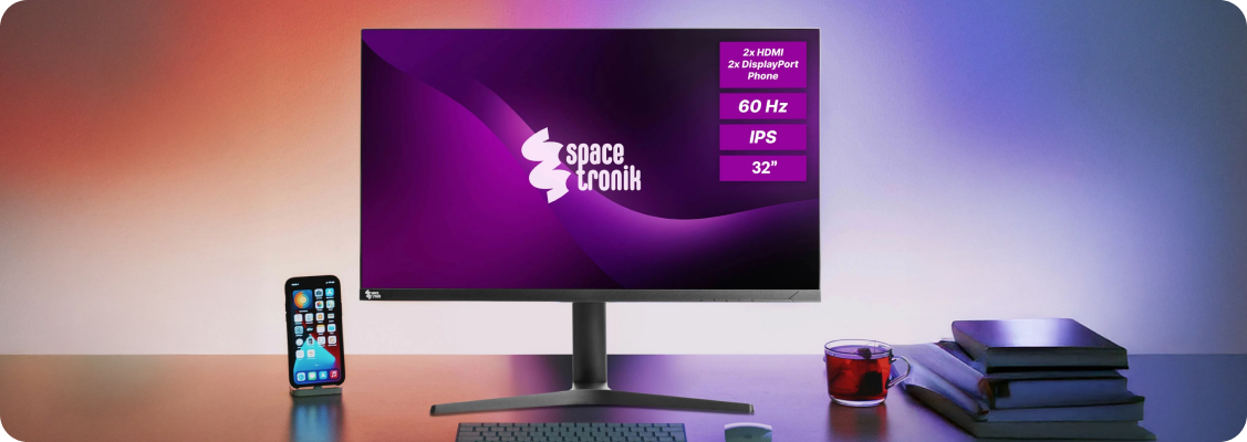 Modern workstation with a 32-inch 4K IPS monitor used for programming and design